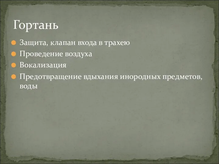 Защита, клапан входа в трахею Проведение воздуха Вокализация Предотвращение вдыхания инородных предметов, воды Гортань