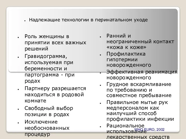 Надлежащие технологии в перинатальном уходе Роль женщины в принятии всех важных решений Гравидограмма,