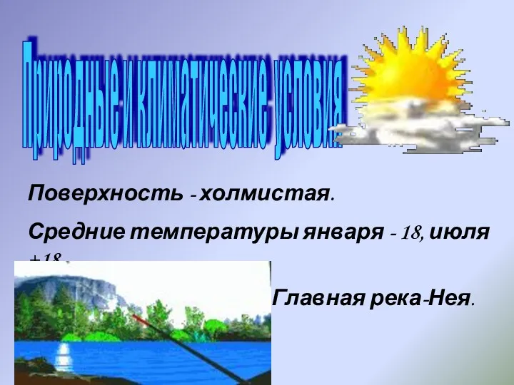 Поверхность - холмистая. Средние температуры января - 18, июля +18. Главная река-Нея. Природные и климатические условия