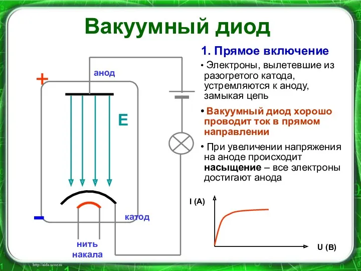 нить накала - - - - - - - катод