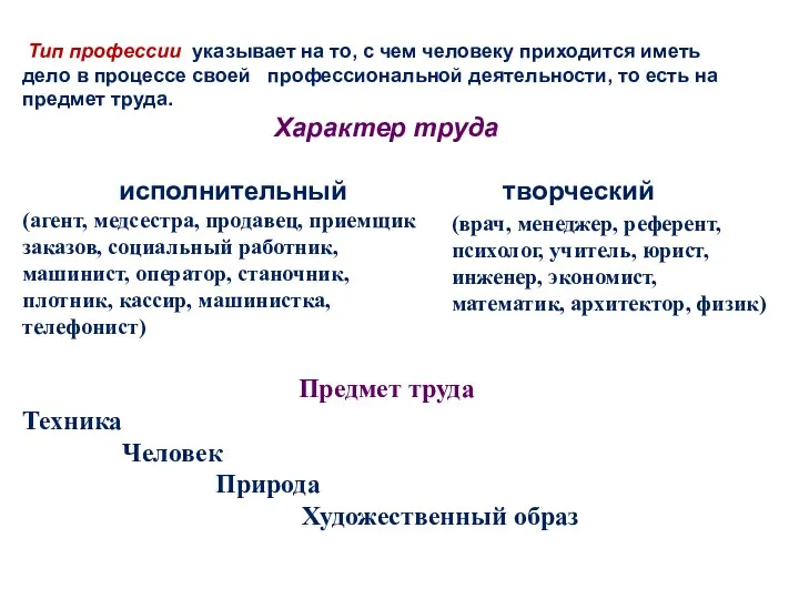 Тип профессии указывает на то, с чем человеку приходится иметь