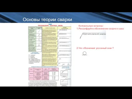 Основы теории сварки Контрольные вопросы: Расшифруйте обозначение сварного шва: Что обозначает условный знак ?