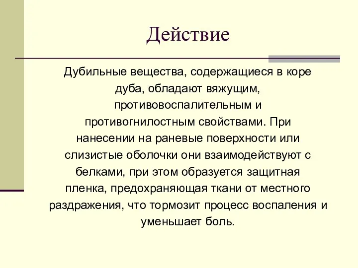 Действие Дубильные вещества, содержащиеся в коре дуба, обладают вяжущим, противовоспалительным