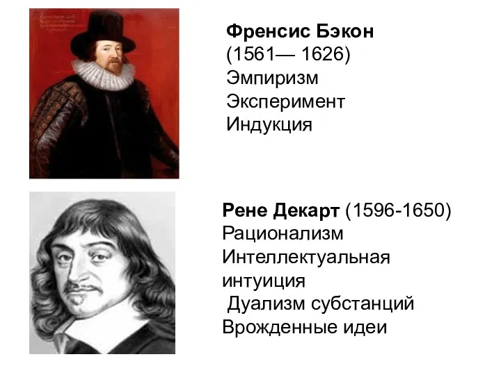 Френсис Бэкон (1561— 1626) Эмпиризм Эксперимент Индукция Рене Декарт (1596-1650)