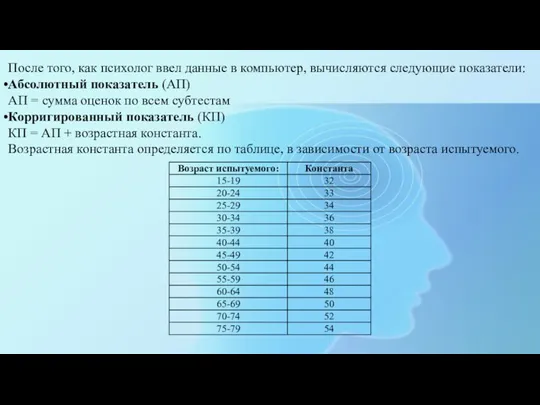 После того, как психолог ввел данные в компьютер, вычисляются следующие