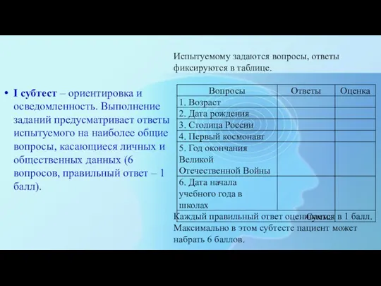 I субтест – ориентировка и осведомленность. Выполнение заданий предусматривает ответы