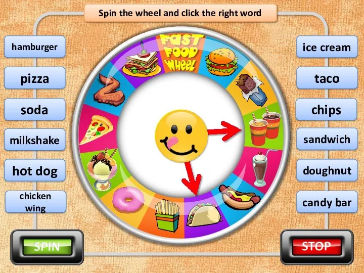 Spin the wheel and click the right word taco pizza