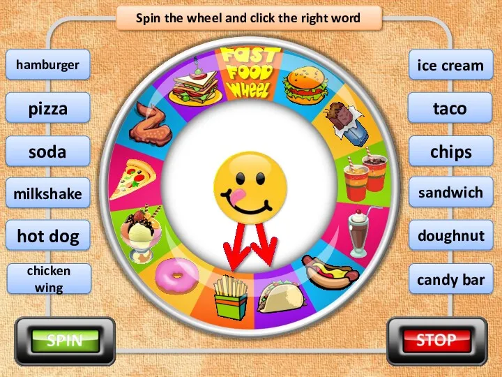 Spin the wheel and click the right word chips pizza