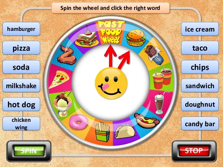 Spin the wheel and click the right word hamburger pizza