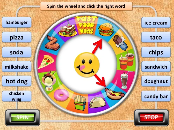 Spin the wheel and click the right word hot dog