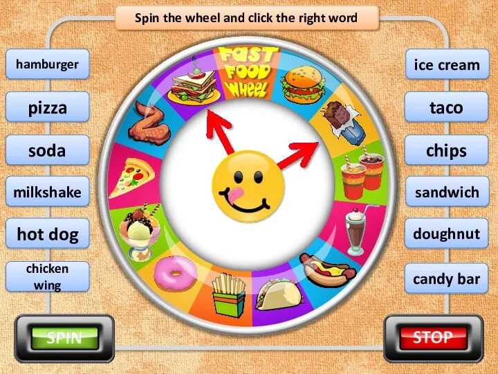 Spin the wheel and click the right word candy bar