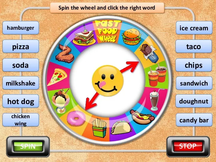 Spin the wheel and click the right word doughnut pizza