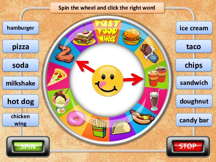 Spin the wheel and click the right word soda pizza