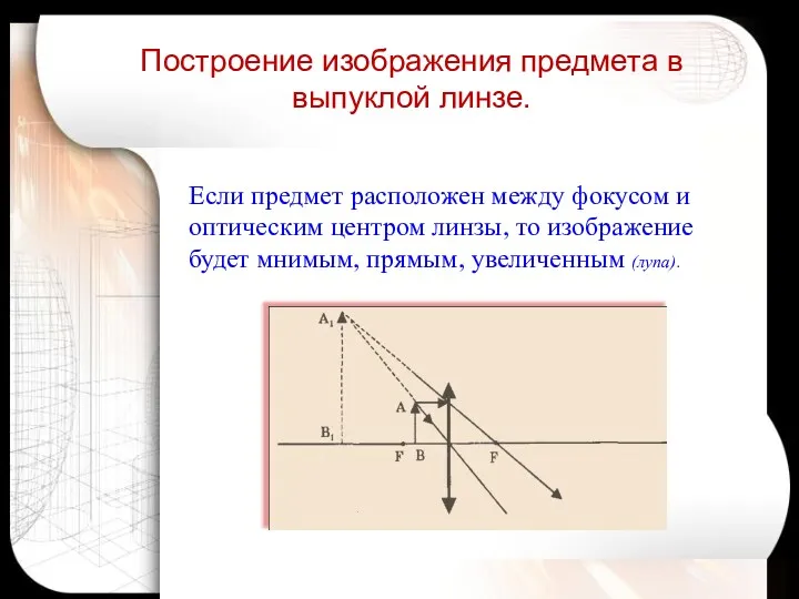 Если предмет расположен между фокусом и оптическим центром линзы, то