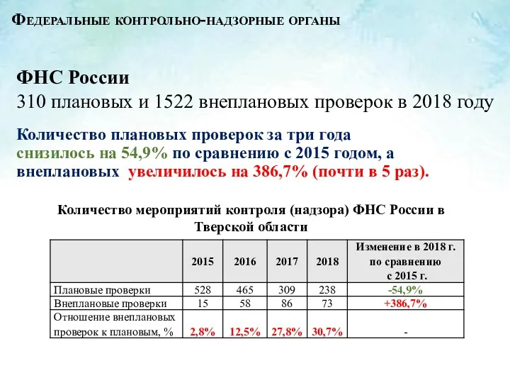 ФНС России 310 плановых и 1522 внеплановых проверок в 2018