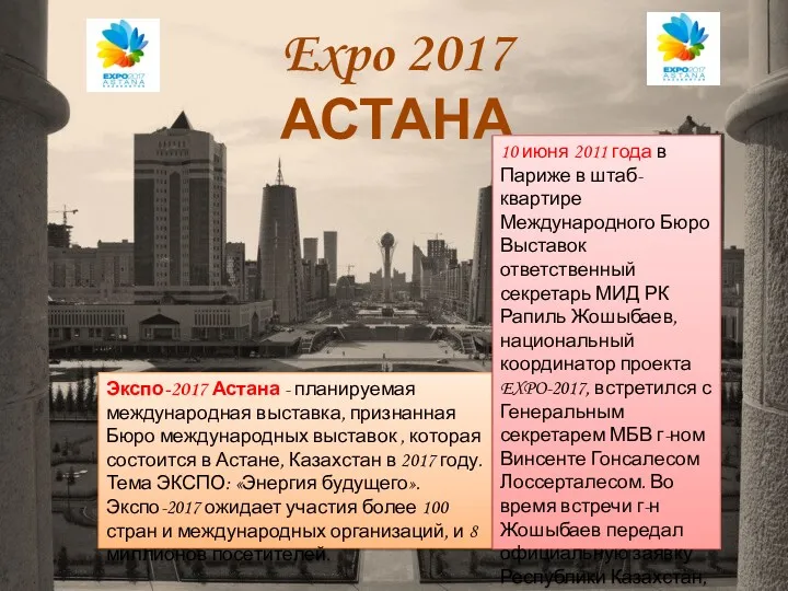 Expo 2017 АСТАНА Экспо-2017 Астана - планируемая международная выставка, признанная