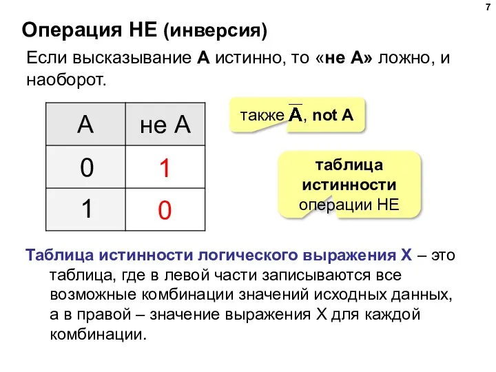 Операция НЕ (инверсия) Если высказывание A истинно, то «не А»