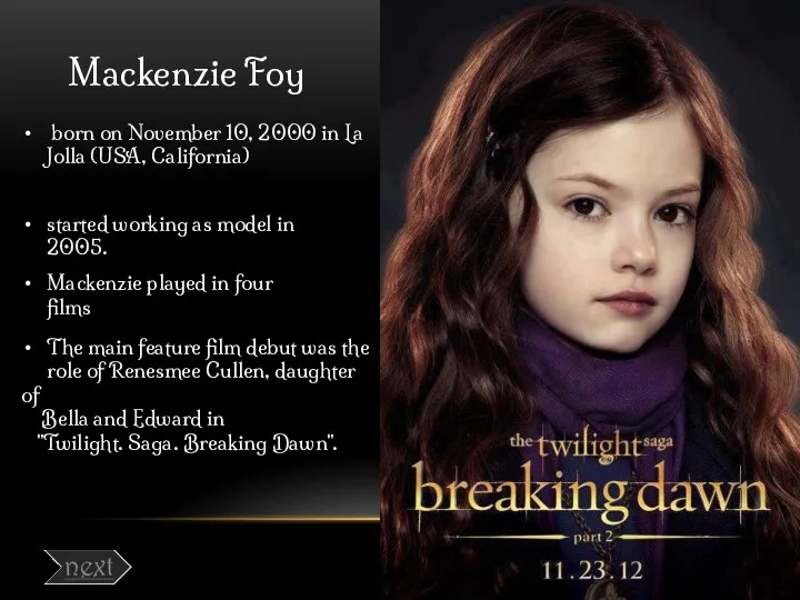 Mackenzie Foy born on November 10, 2000 in La Jolla