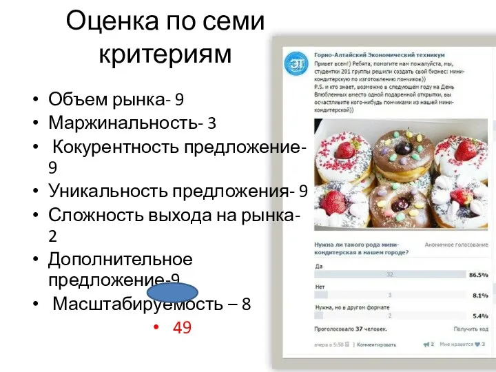 Оценка по семи критериям Объем рынка- 9 Маржинальность- 3 Кокурентность