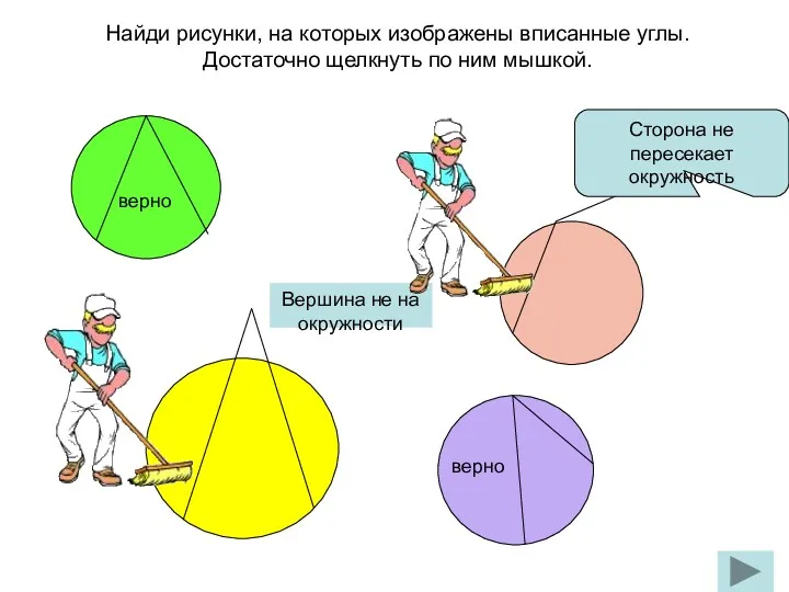 Найди рисунки, на которых изображены вписанные углы. Достаточно щелкнуть по