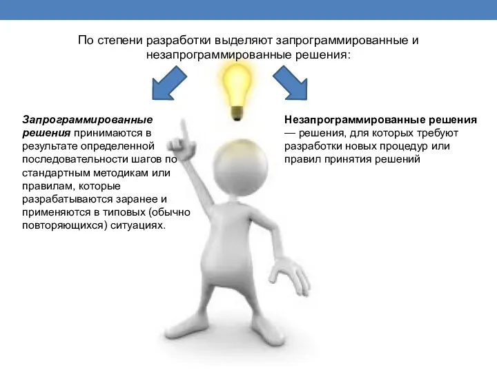 По степени разработки выделяют запрограммированные и незапрограммированные решения: Запрограммированные решения