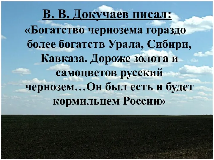 В. В. Докучаев писал: «Богатство чернозема гораздо более богатств Урала,