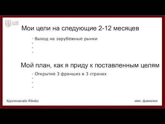 Мои цели на следующие 2-12 месяцев Выход на зарубежные рынки