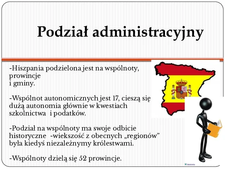 Podział administracyjny -Hiszpania podzielona jest na wspólnoty, prowincje i gminy.