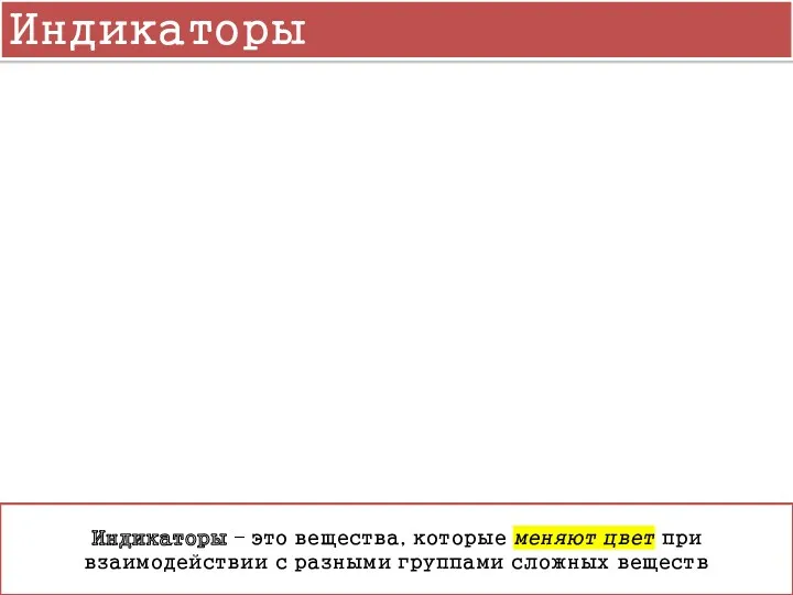 Индикаторы Индикаторы – это вещества, которые меняют цвет при взаимодействии с разными группами сложных веществ