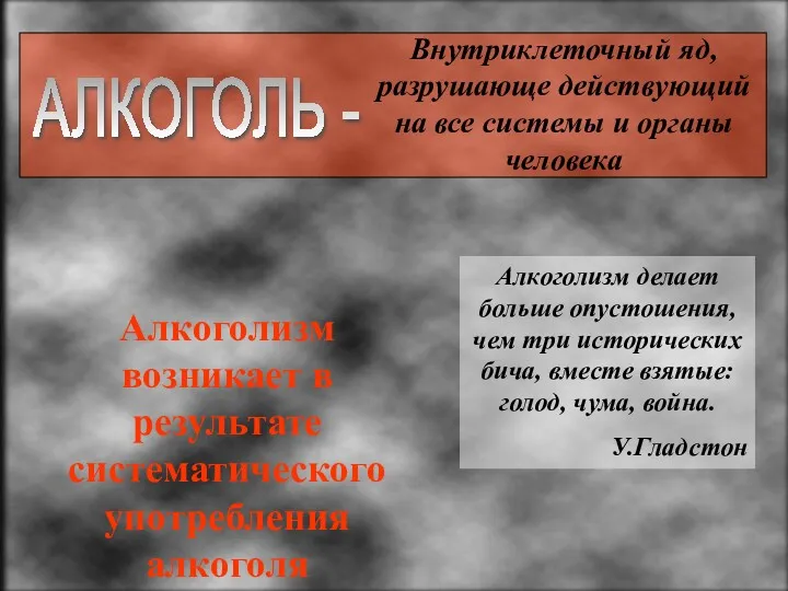 АЛКОГОЛЬ - Внутриклеточный яд, разрушающе действующий на все системы и