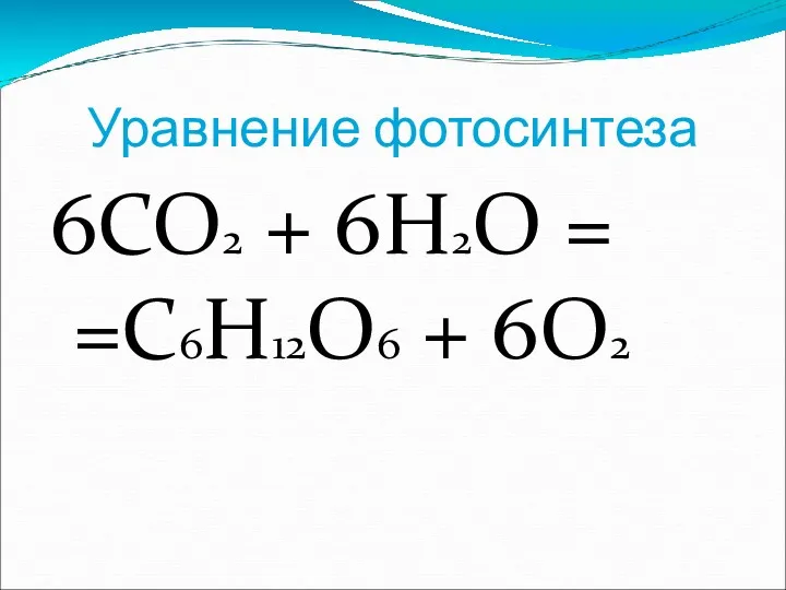 Уравнение фотосинтеза 6CO2 + 6H2O = =C6H12O6 + 6O2