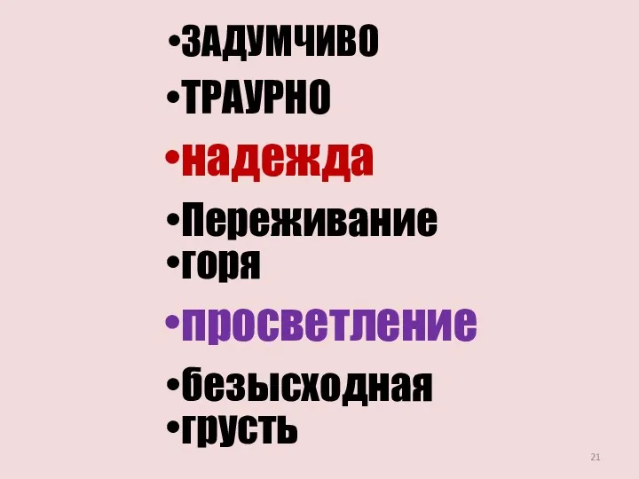 ЗАДУМЧИВО ТРАУРНО надежда Переживание горя просветление безысходная грусть