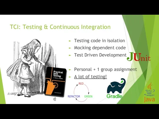 Testing code in isolation Mocking dependent code Test Driven Development Personal + 1