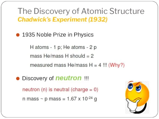 The Discovery of Atomic Structure Chadwick’s Experiment (1932) 1935 Noble