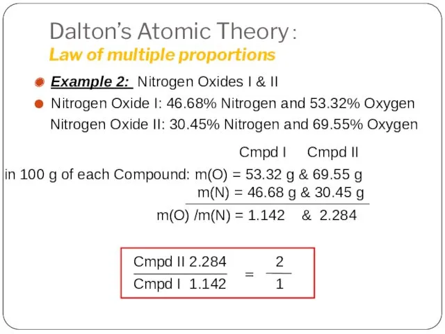 Dalton’s Atomic Theory： Law of multiple proportions Example 2: Nitrogen