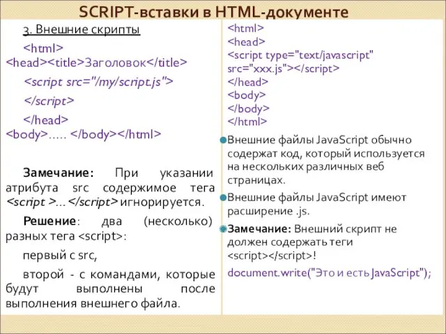 SCRIPT-вставки в HTML-документе 3. Внешние скрипты Заголовок ….. Замечание: При