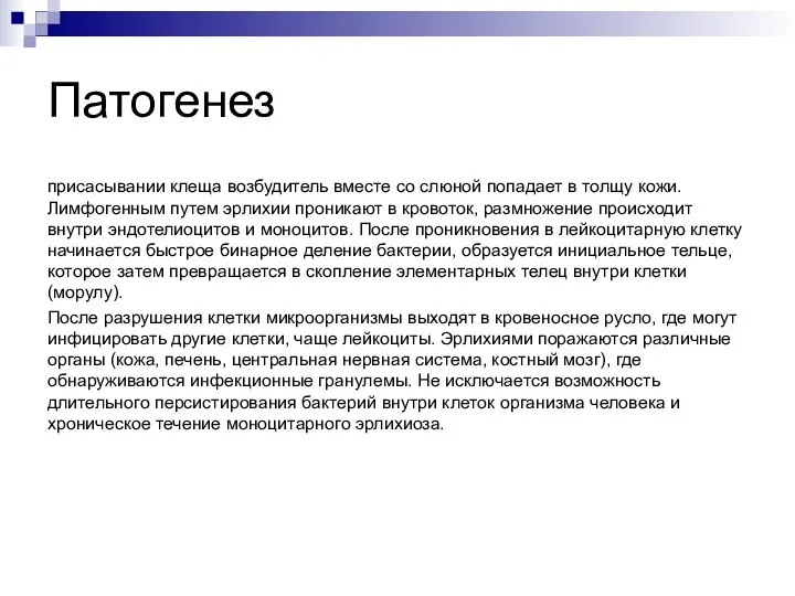 Патогенез присасывании клеща возбудитель вместе со слюной попадает в толщу кожи. Лимфогенным путем