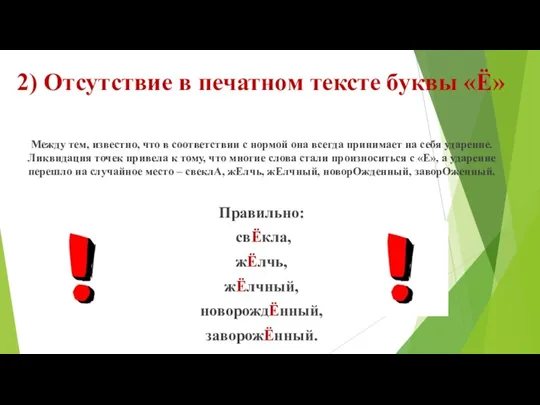 2) Отсутствие в печатном тексте буквы «Ё» Между тем, известно, что в соответствии