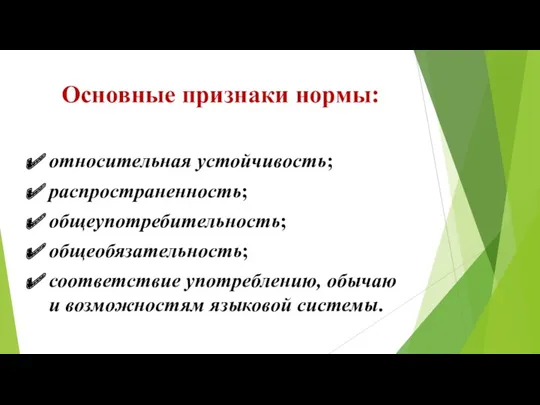 Основные признаки нормы: относительная устойчивость; распространенность; общеупотребительность; общеобязательность; соответствие употреблению, обычаю и возможностям языковой системы.