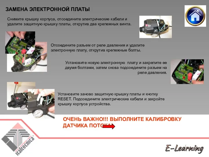 ЗАМЕНА ЭЛЕКТРОННОЙ ПЛАТЫ Снимите крышку корпуса, отсоедините электрические кабели и