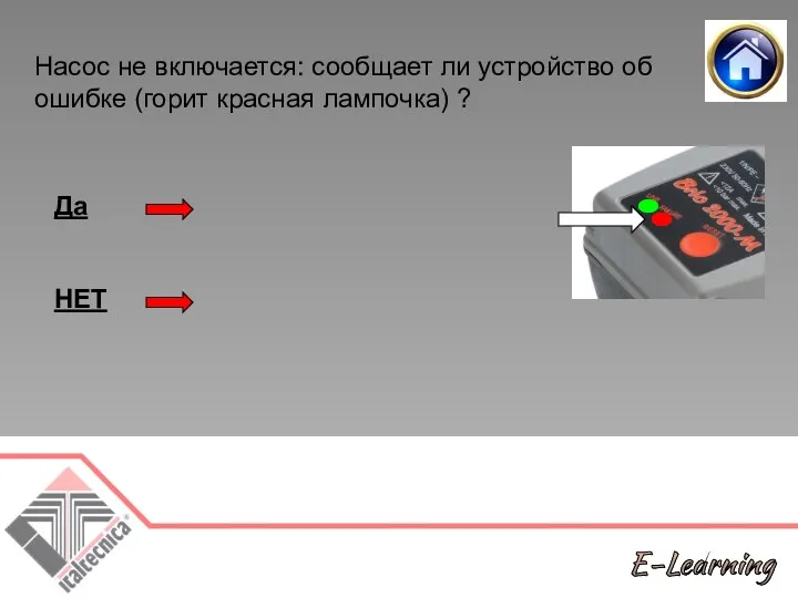 Насос не включается: сообщает ли устройство об ошибке (горит красная лампочка) ? Да НЕТ