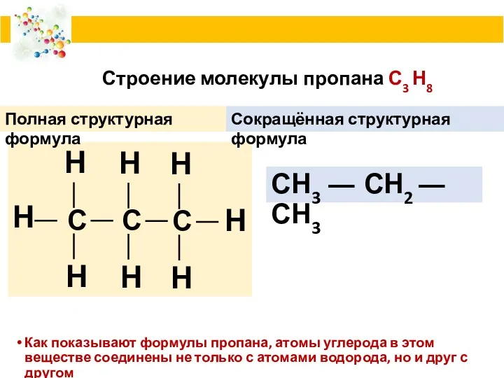 Строение молекулы пропана С3 Н8 Как показывают формулы пропана, атомы