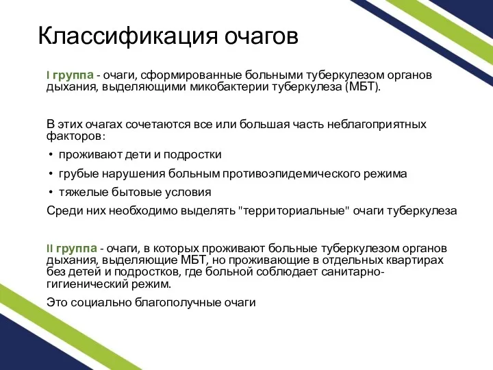 Классификация очагов I группа - очаги, сформированные больными туберкулезом органов дыхания, выделяющими микобактерии