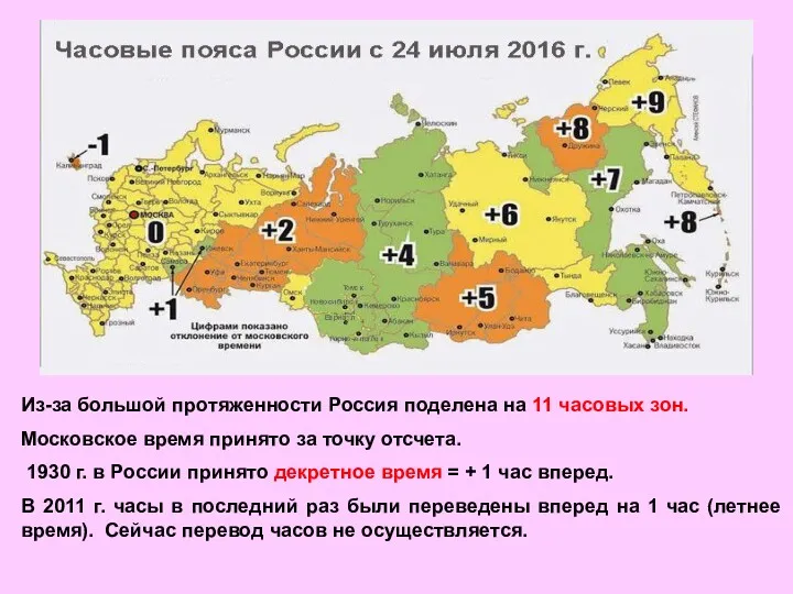 Из-за большой протяженности Россия поделена на 11 часовых зон. Московское