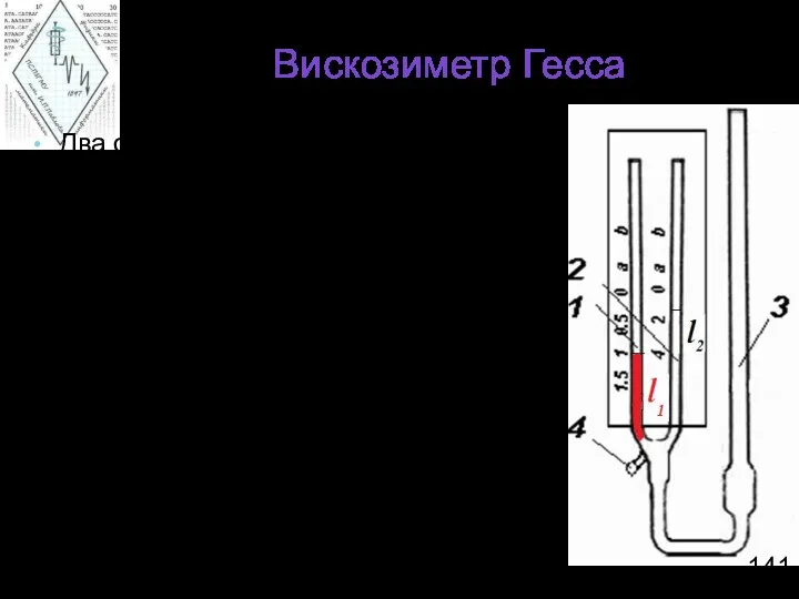 Вискозиметр Гесса Два одинаковых капилляра соединены двумя трубочками 1 и