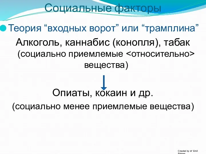 Социальные факторы Теория “входных ворот” или “трамплина” Алкоголь, каннабис (конопля),