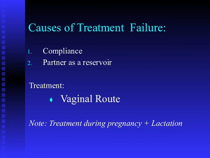 Causes of Treatment Failure: Compliance Partner as a reservoir Treatment: Vaginal Route Note: