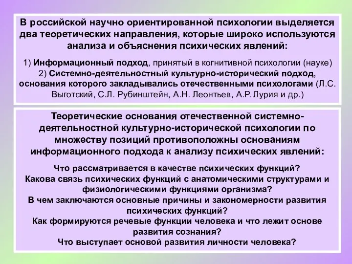 Теоретические основания отечественной системно-деятельностной культурно-исторической психологии по множеству позиций противоположны