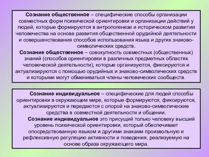 Сознание индивидуальное – специфические для людей способы ориентировки в окружающем