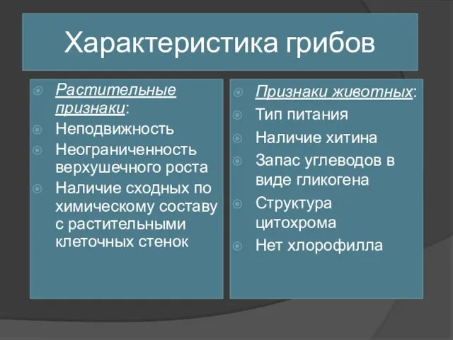 Характеристика грибов Растительные признаки: Неподвижность Неограниченность верхушечного роста Наличие сходных